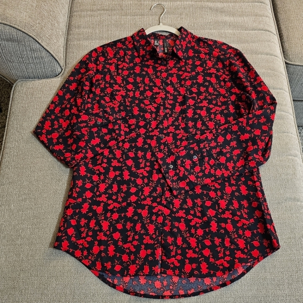 MNG Casual Black Red Floral Button Office Abstract Colorful Top Size 6